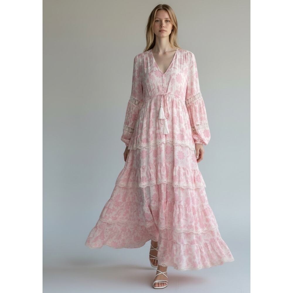 Miss June Maéva Bohemian Maxi Dress Balloon Sleeve Ruffles Lace Size S/M Pink